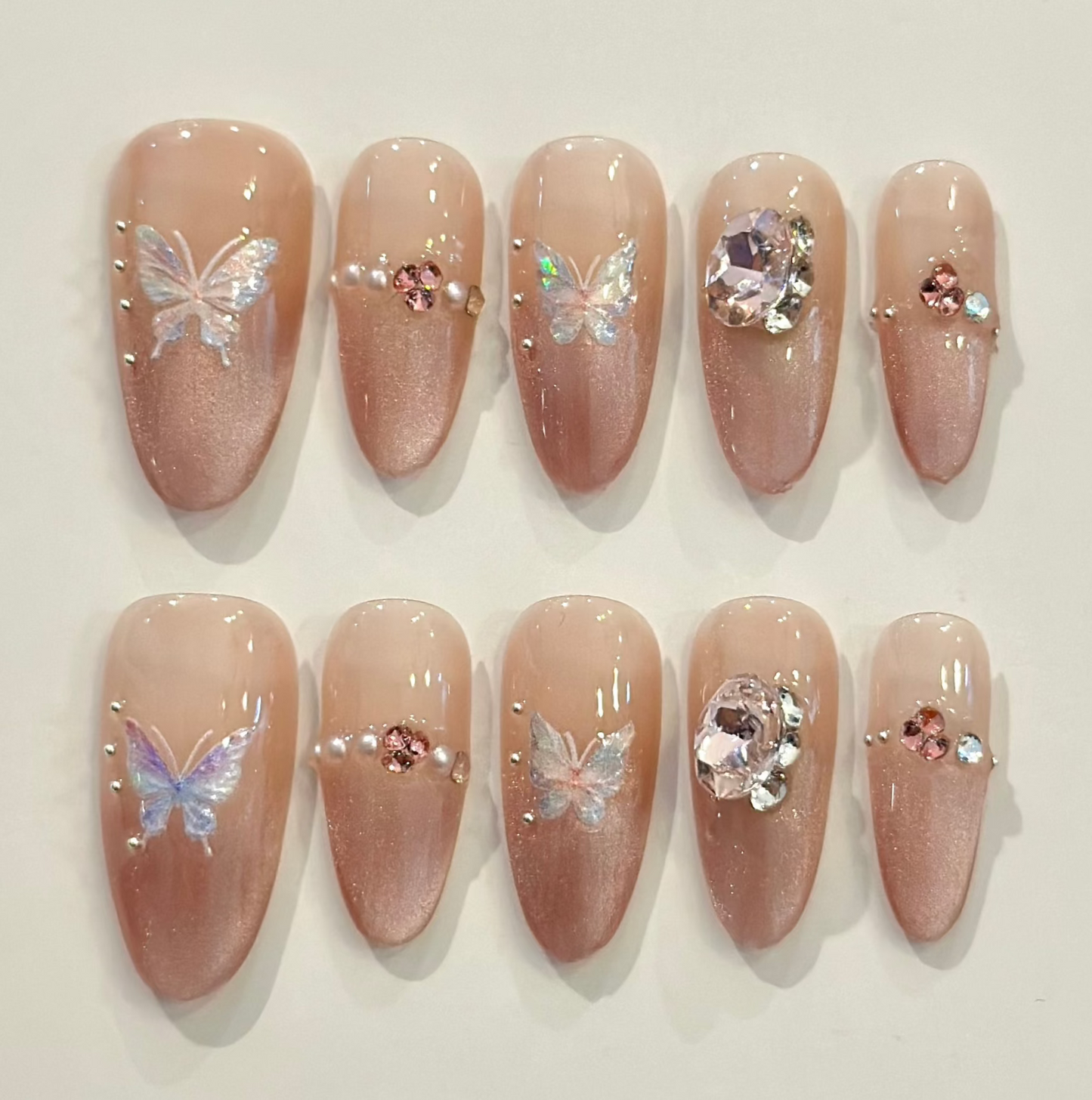PINK CAT EYE BUTTERFLY GEMS | handmade press on nails