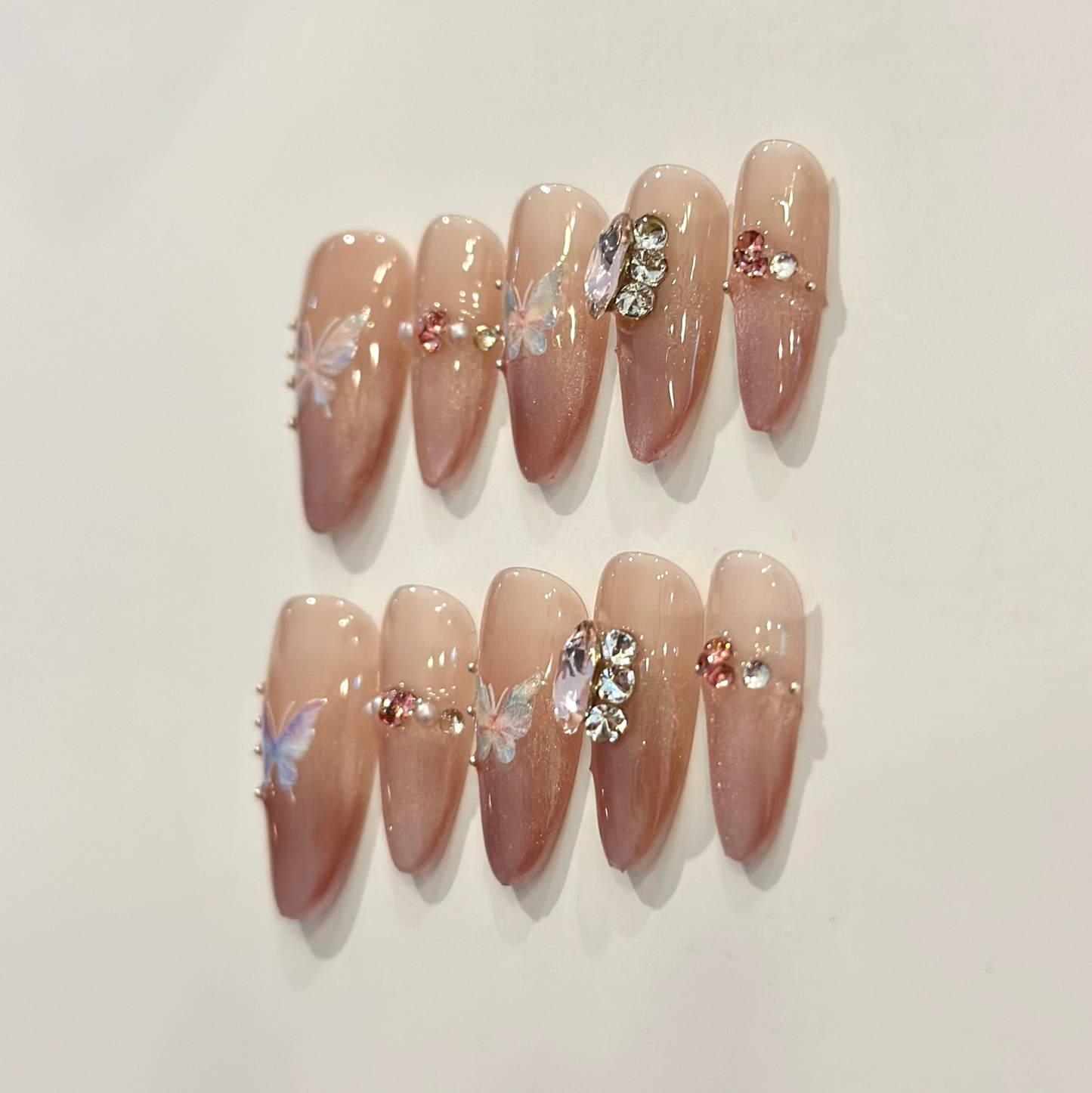 PINK CAT EYE BUTTERFLY GEMS | handmade press on nails