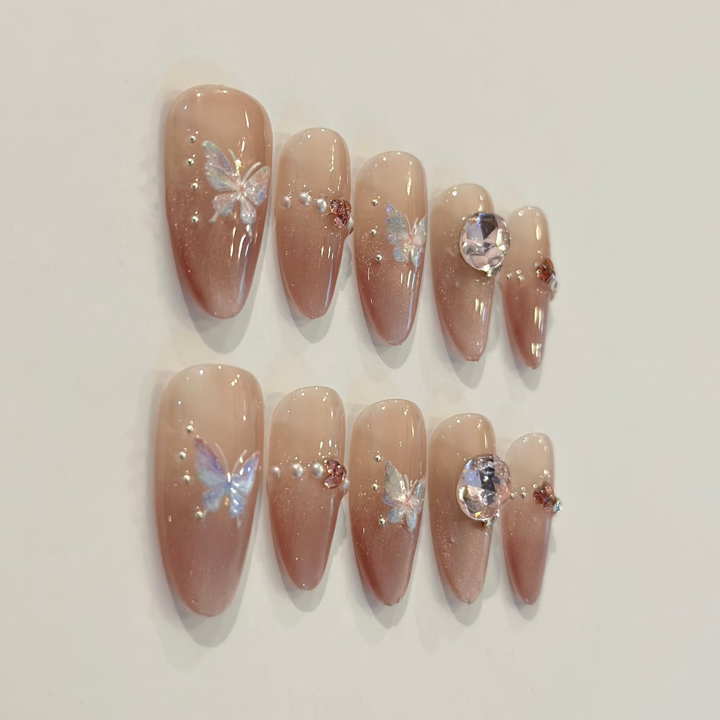 PINK CAT EYE BUTTERFLY GEMS | handmade press on nails