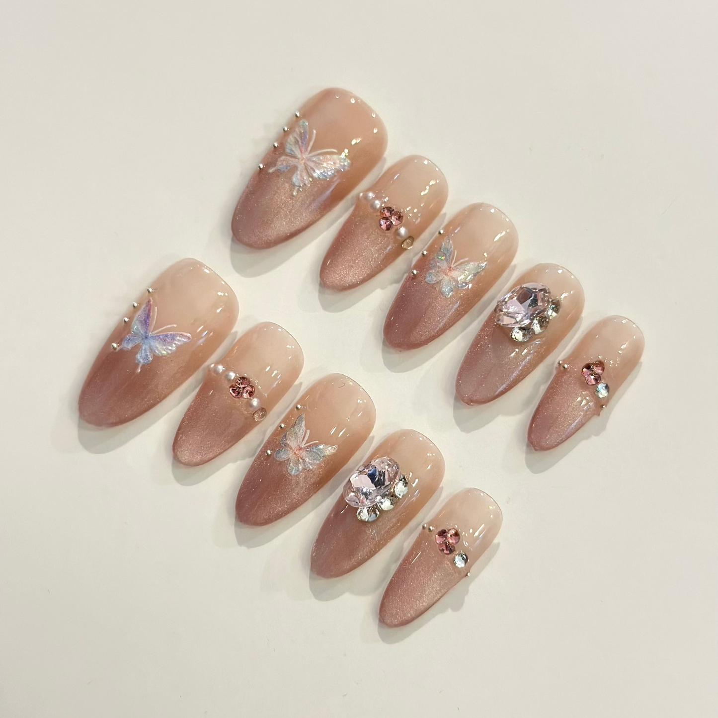 PINK CAT EYE BUTTERFLY GEMS | handmade press on nails