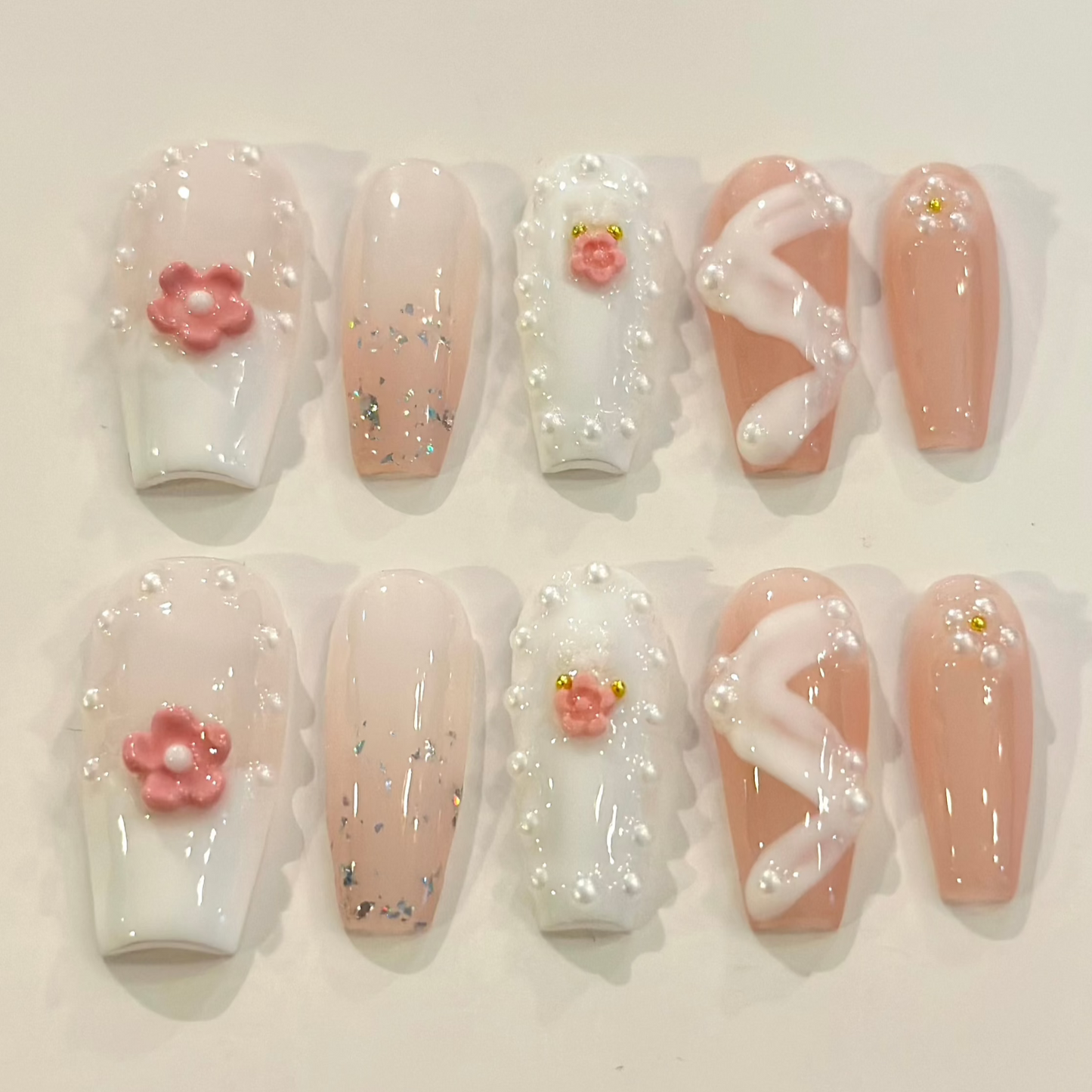 PINK FLORAL PEARLS | handmade press on nails