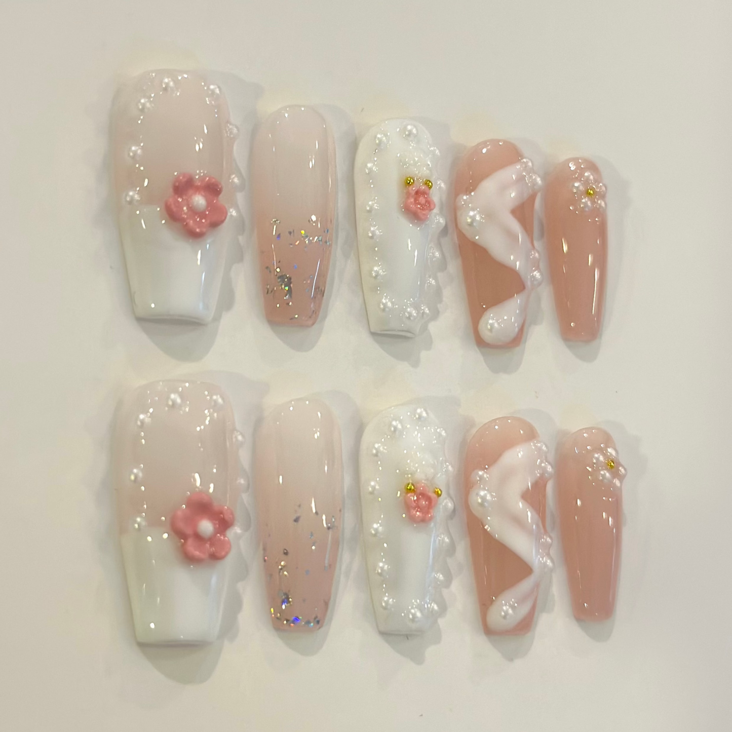 PINK FLORAL PEARLS | handmade press on nails