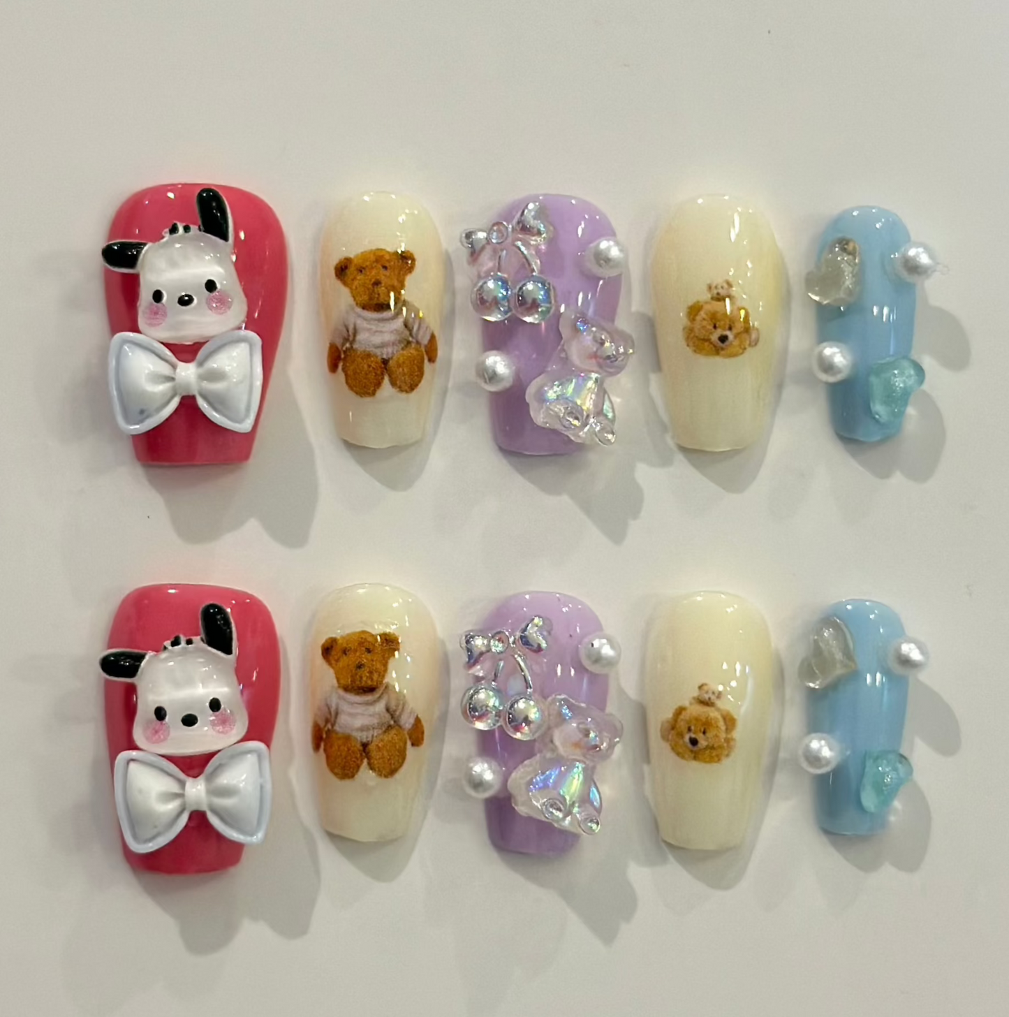 PASTEL POCHACCO AND TEDDY BEAR | handmade press on nails