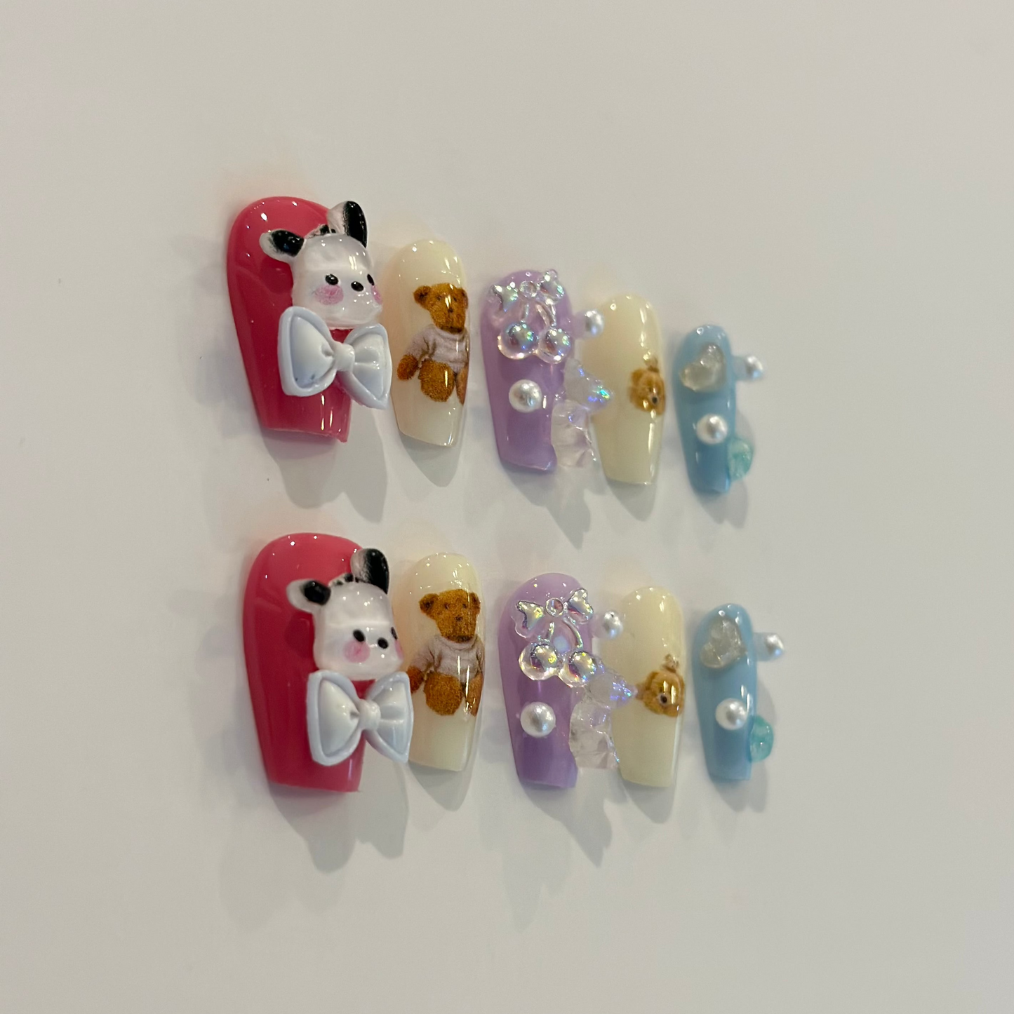PASTEL POCHACCO AND TEDDY BEAR | handmade press on nails