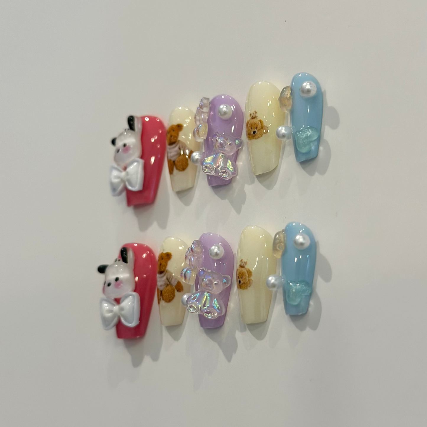 PASTEL POCHACCO AND TEDDY BEAR | handmade press on nails