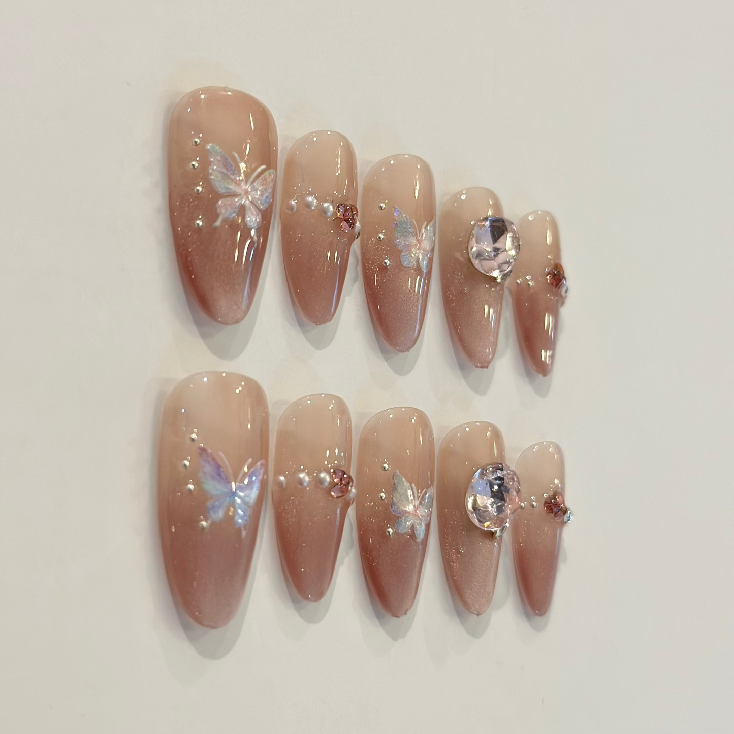 PINK CAT EYE BUTTERFLY GEMS | uñas press on hechas a mano