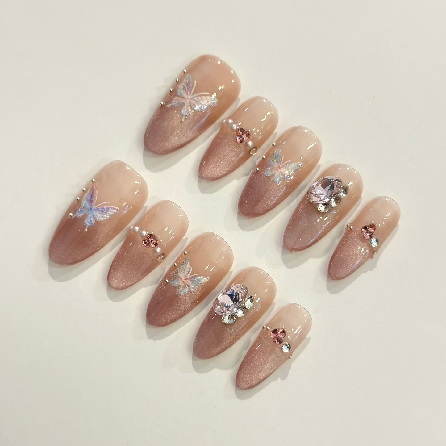 PINK CAT EYE BUTTERFLY GEMS | uñas press on hechas a mano