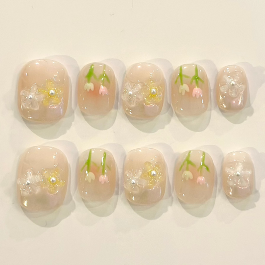 CLEAR GARDEN BABY PINK | handmade press on nails