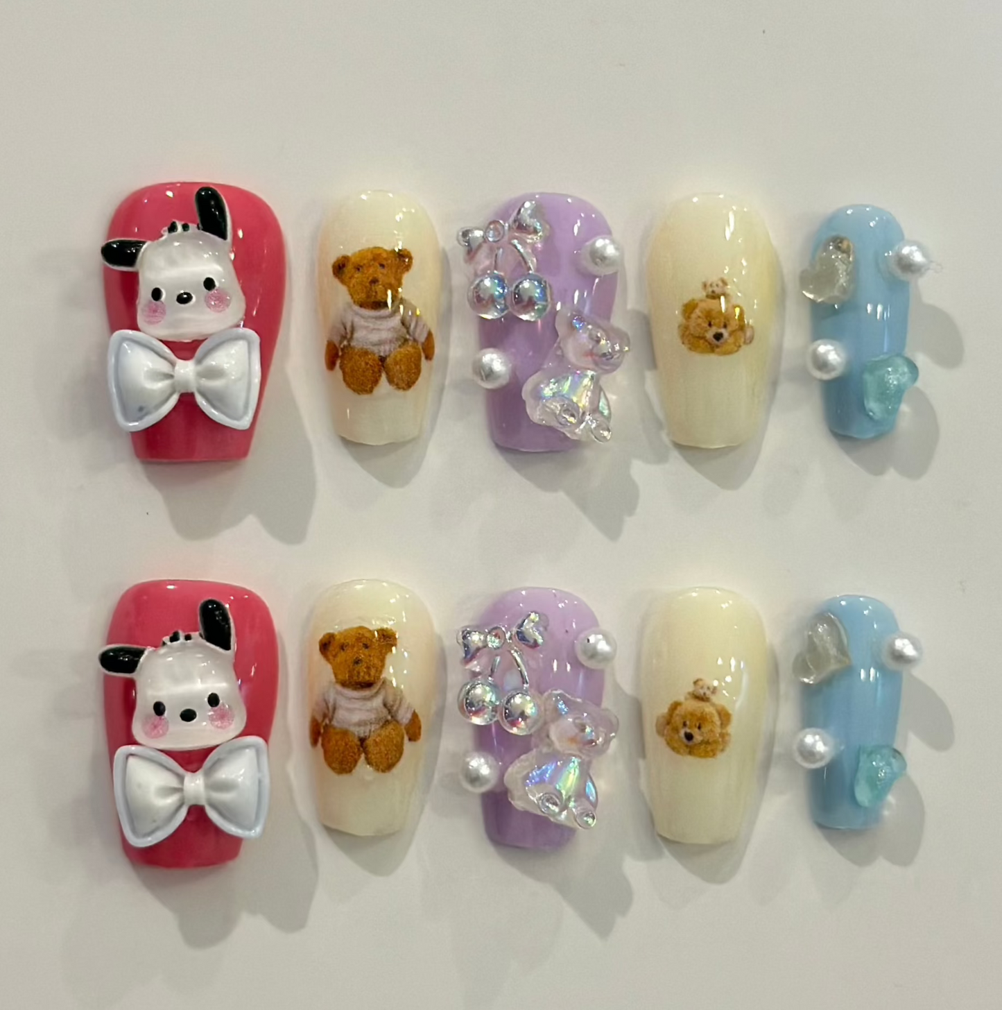 PASTEL POCHACCO AND TEDDY BEAR | uñas press on hechas a mano