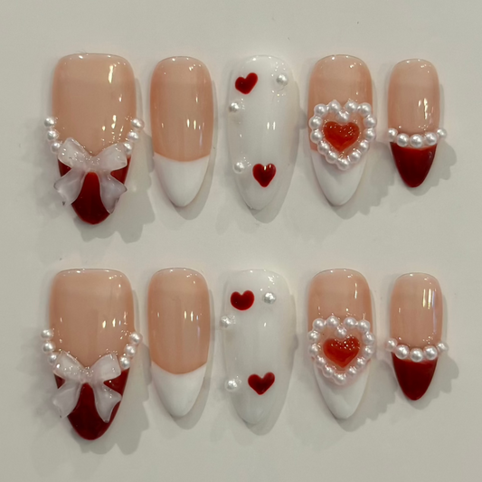 PEARL HEART ROMANCE | uñas press on hechas a mano